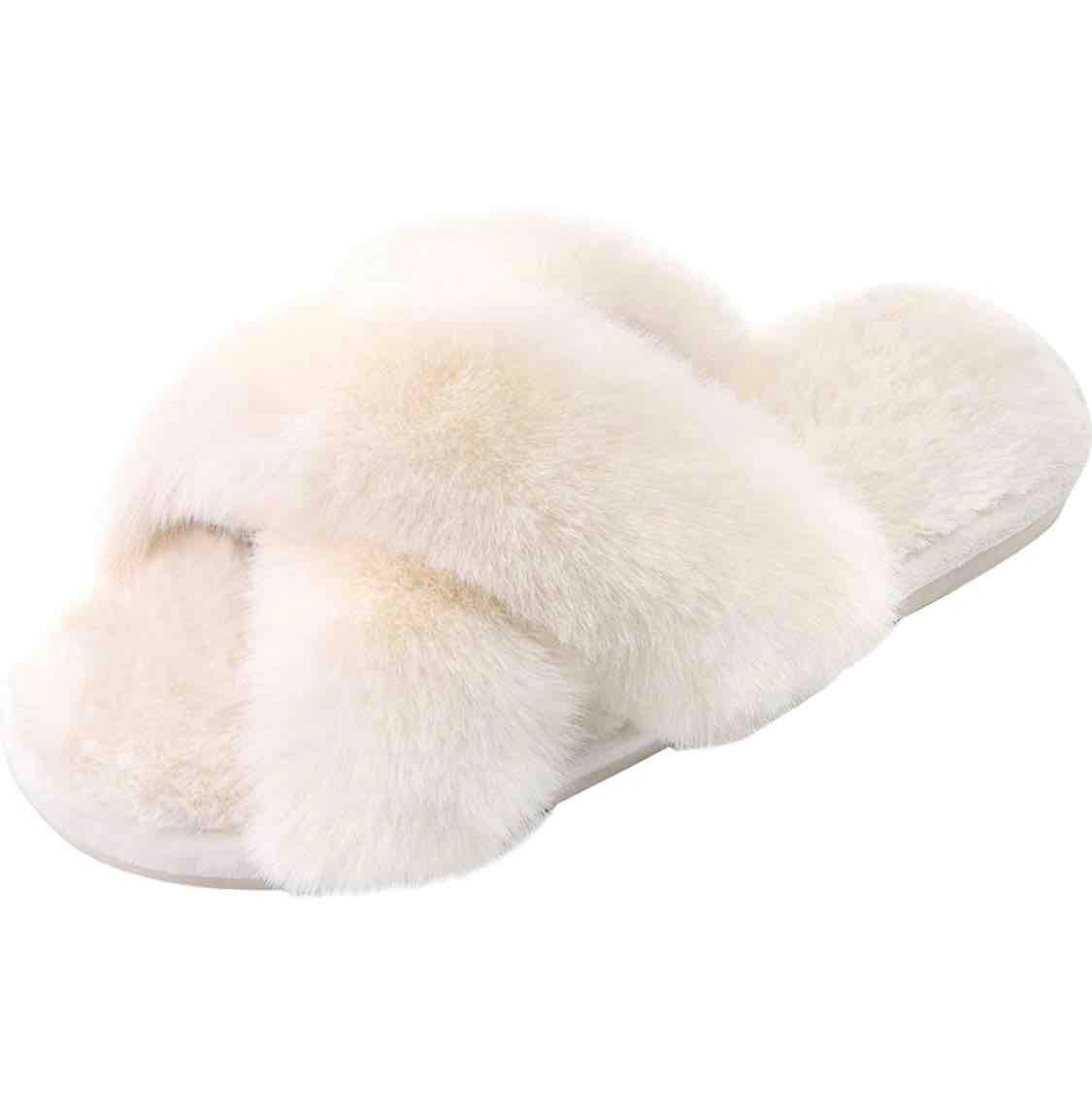 Women's Cross Band Slippers Soft Plush Furry Cozy Open Toe House Shoes Indoor Outdoor Faux Rabbit Fur Warm Comfy Slip On Breathable