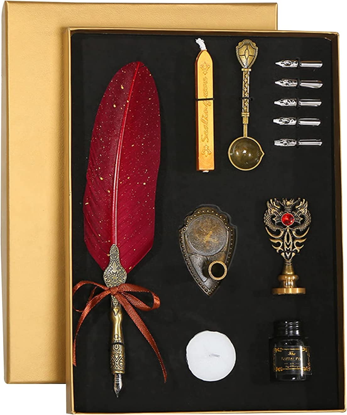 Retro Quill Pen Set with Lacquer Stick Handcrafted Vintage Glitter Design Feather Pen Kit for Students