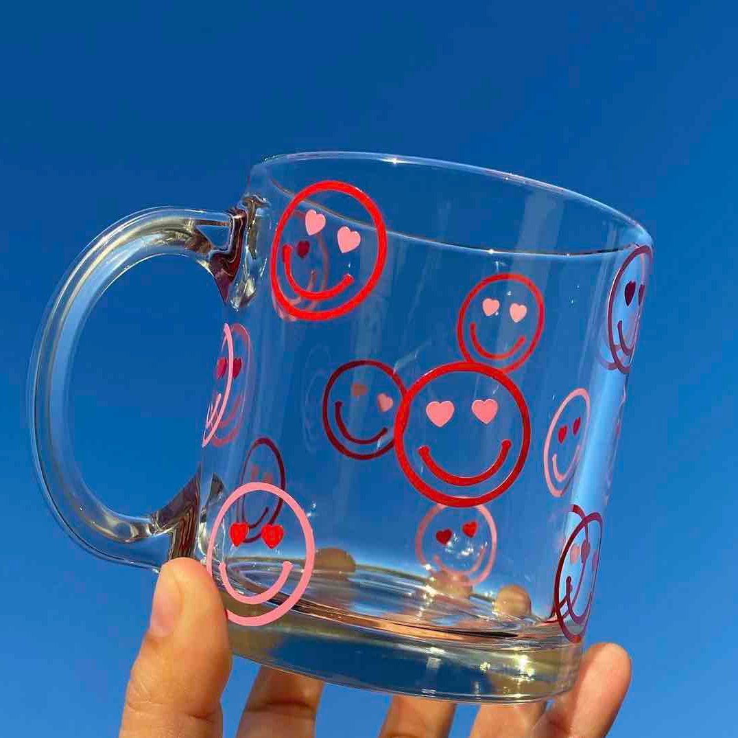 Heart Eyes Smiley Face Clear Glass Mug l Valentines Mug