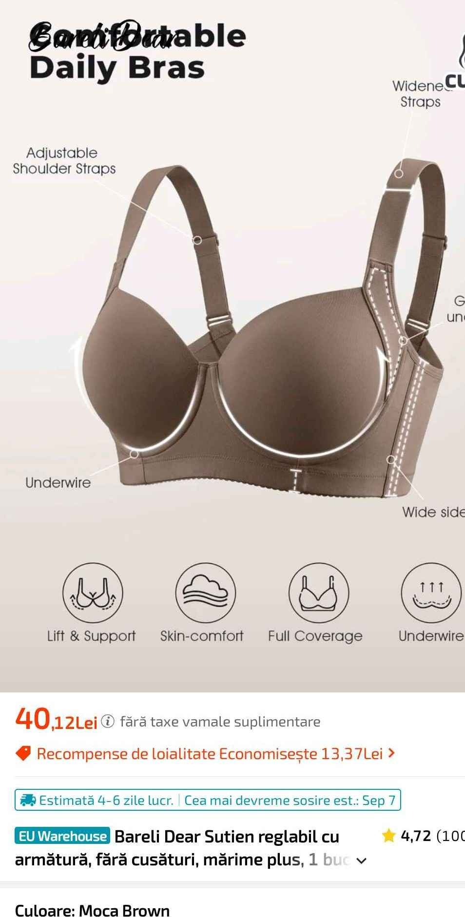 Bareli Dear Sutien reglabil cu armătură, fără cusături, mărime plus, 1 buc v