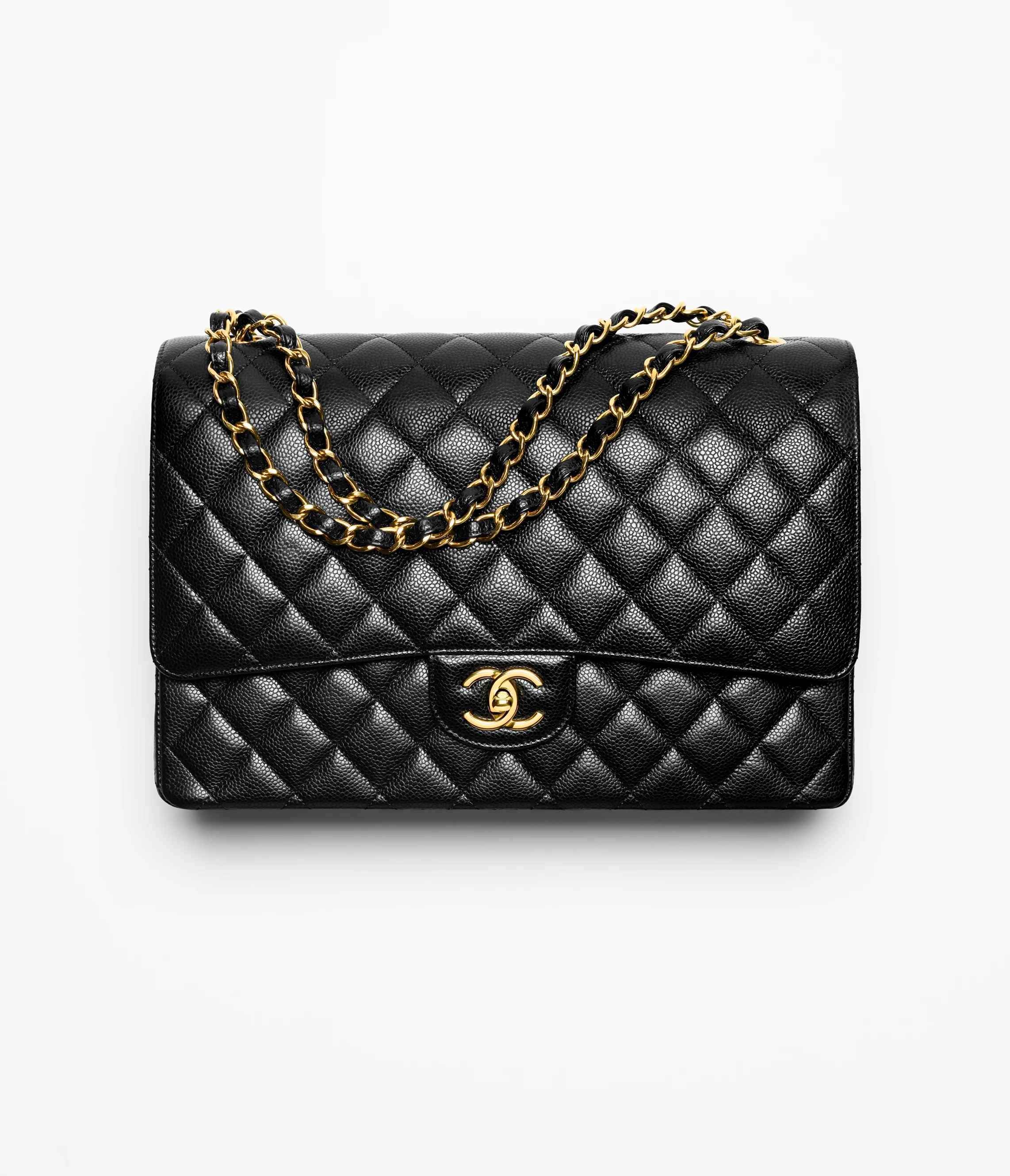 Maxi classic handbag, Grained calfskin & gold-tone metal, black — Fashion | CHANEL