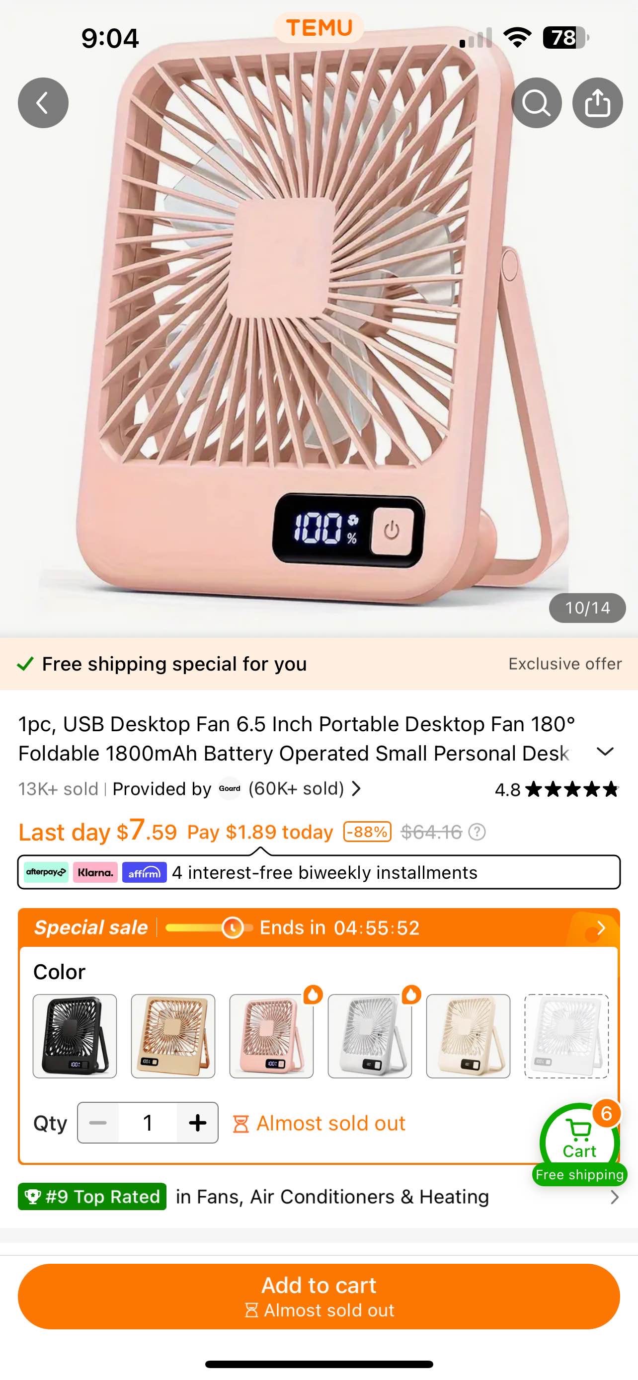 1pc, USB Desktop Fan 6.5 Inch Portable Desktop Fan 180° Foldable 1800mAh Battery Operated Small Personal Desk