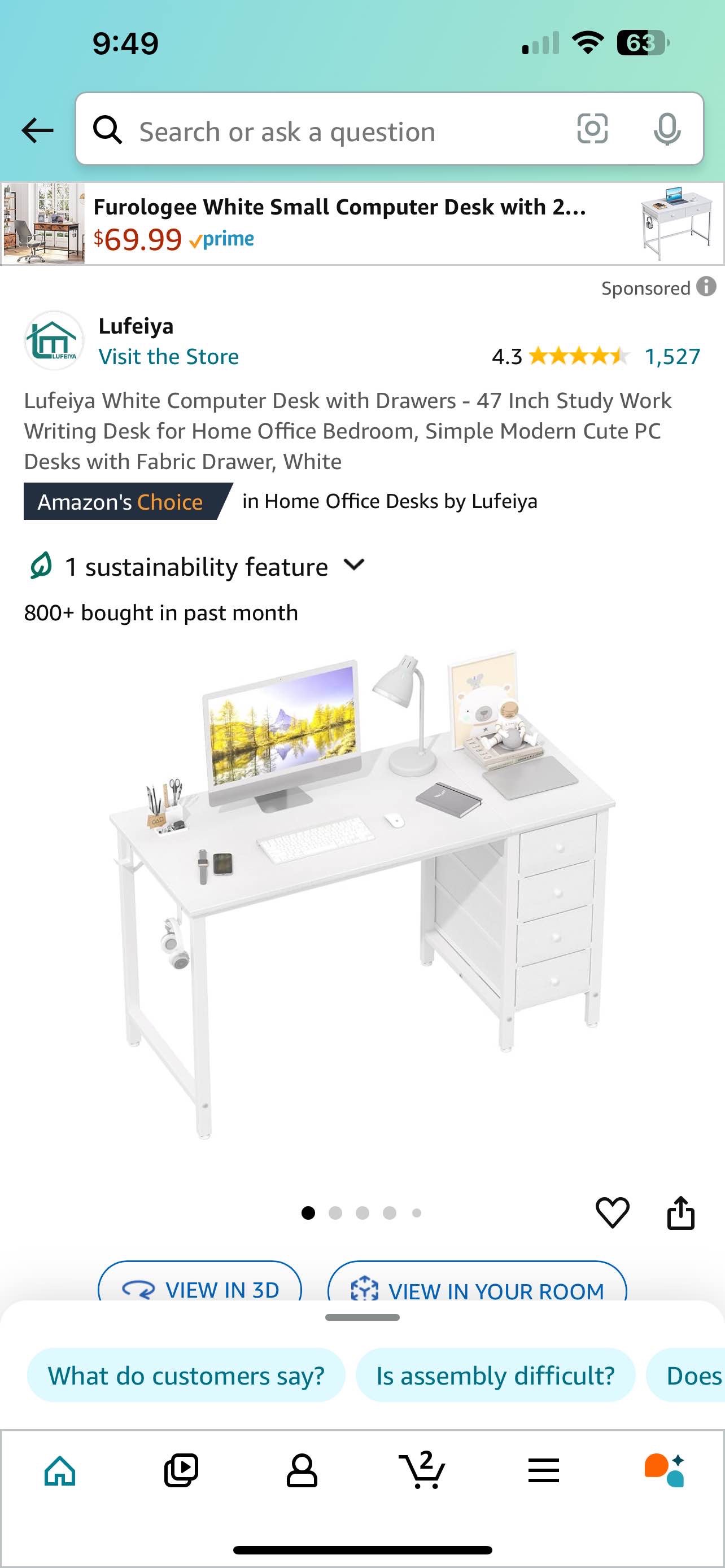 Lufeiya White Computer Desk with Drawers - 47 Inch Study Work Writing Desk for Home Office Bedroom, Simple Modern Cute PC Desks with Fabric Drawer, White