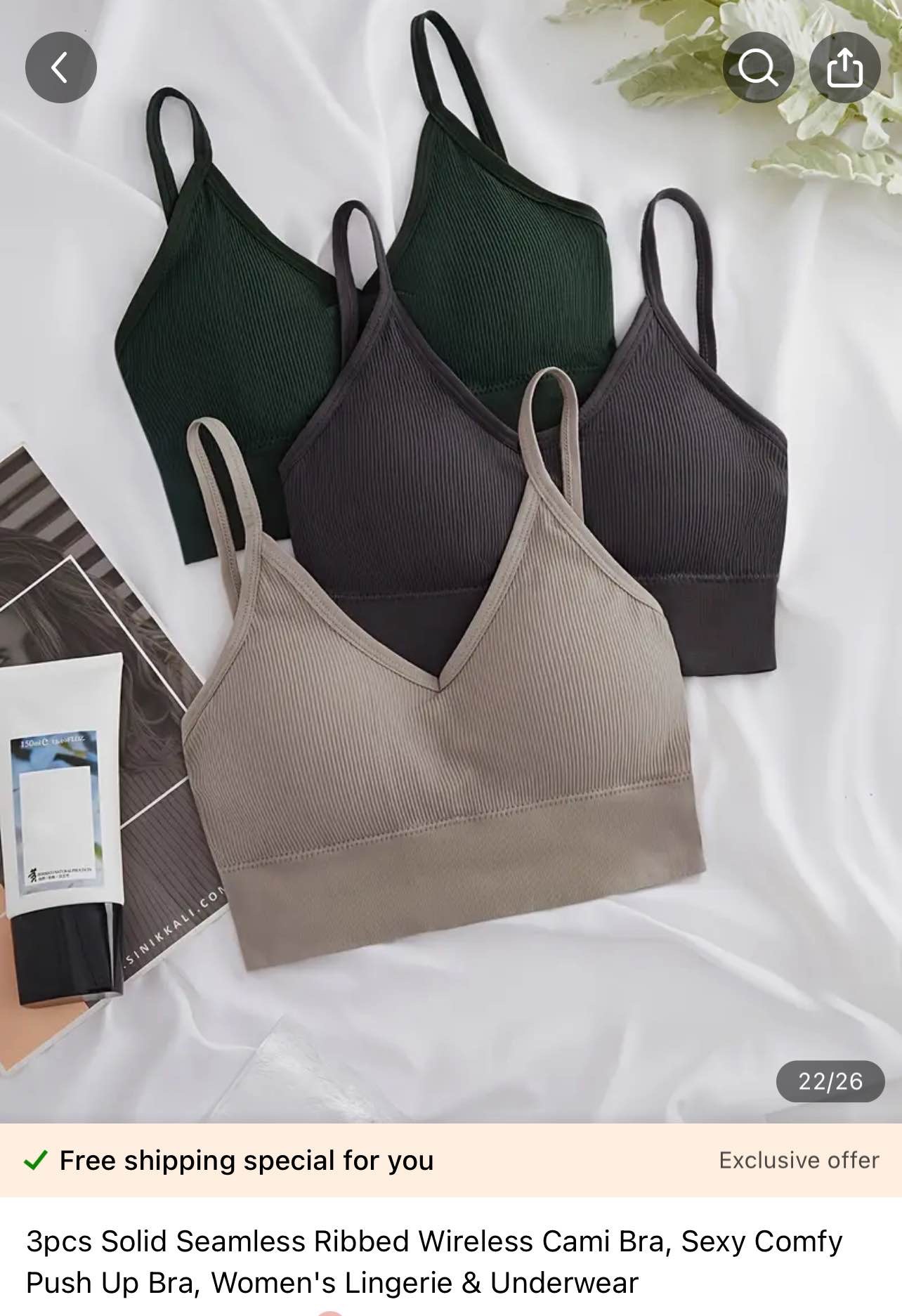 3pcs Solid Seamless Ribbed Wireless Cami Bra, Sexy Comfy Push Up Bra, Women's Lingerie & Underwear