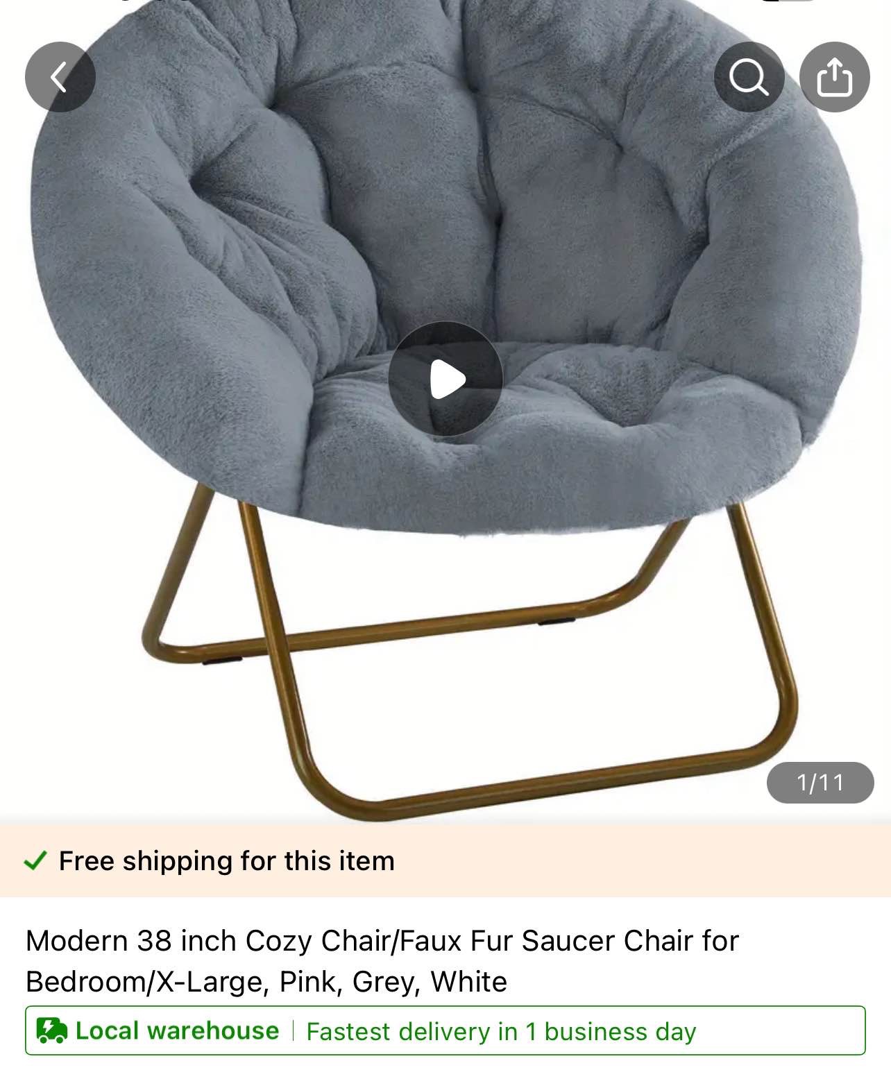Modern 38 inch Cozy Chair/Faux Fur Saucer Chair for Bedroom/X-Large, Pink, Grey, White