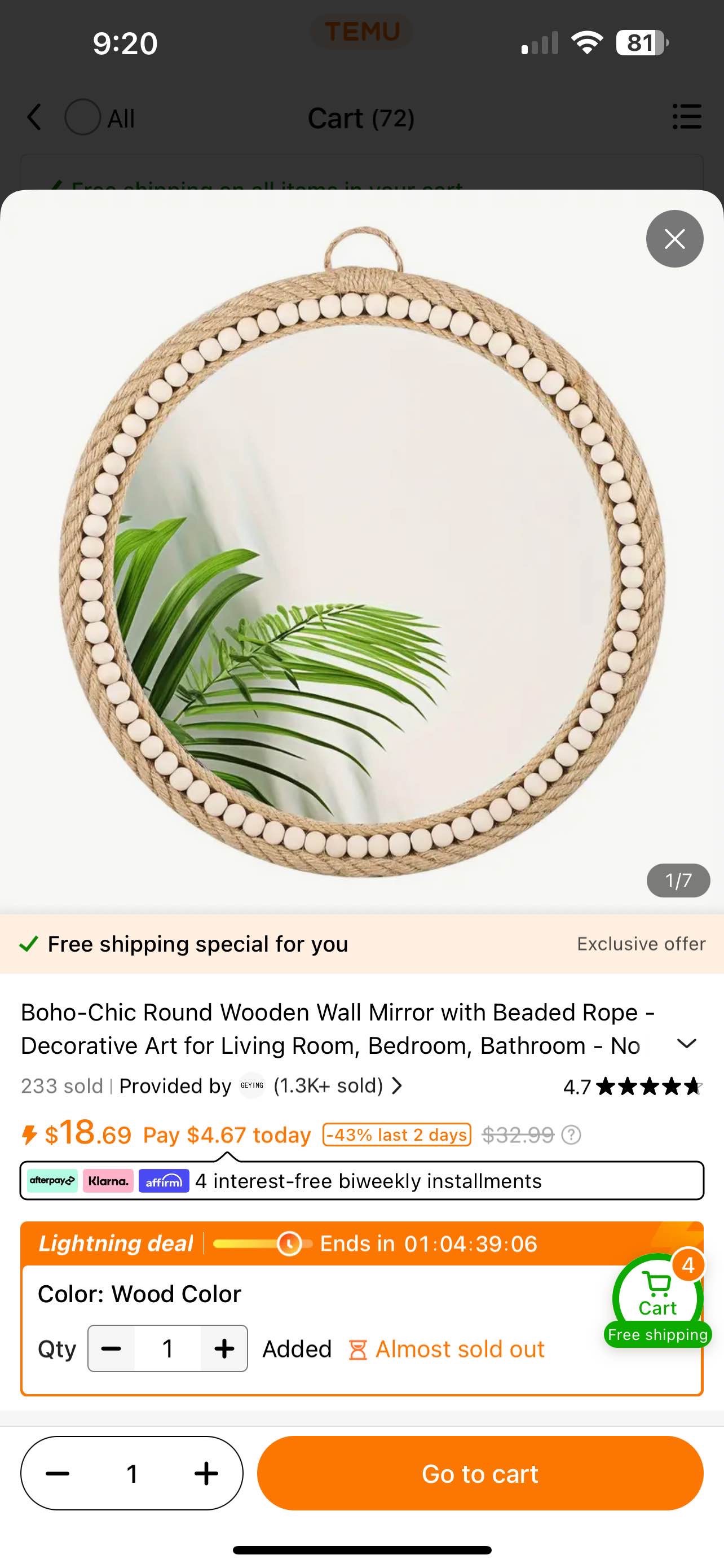 Boho-Chic Round Wooden Wall Mirror with Beaded Rope Decorative Art for Living Room, Bedroom, Bathroom - No