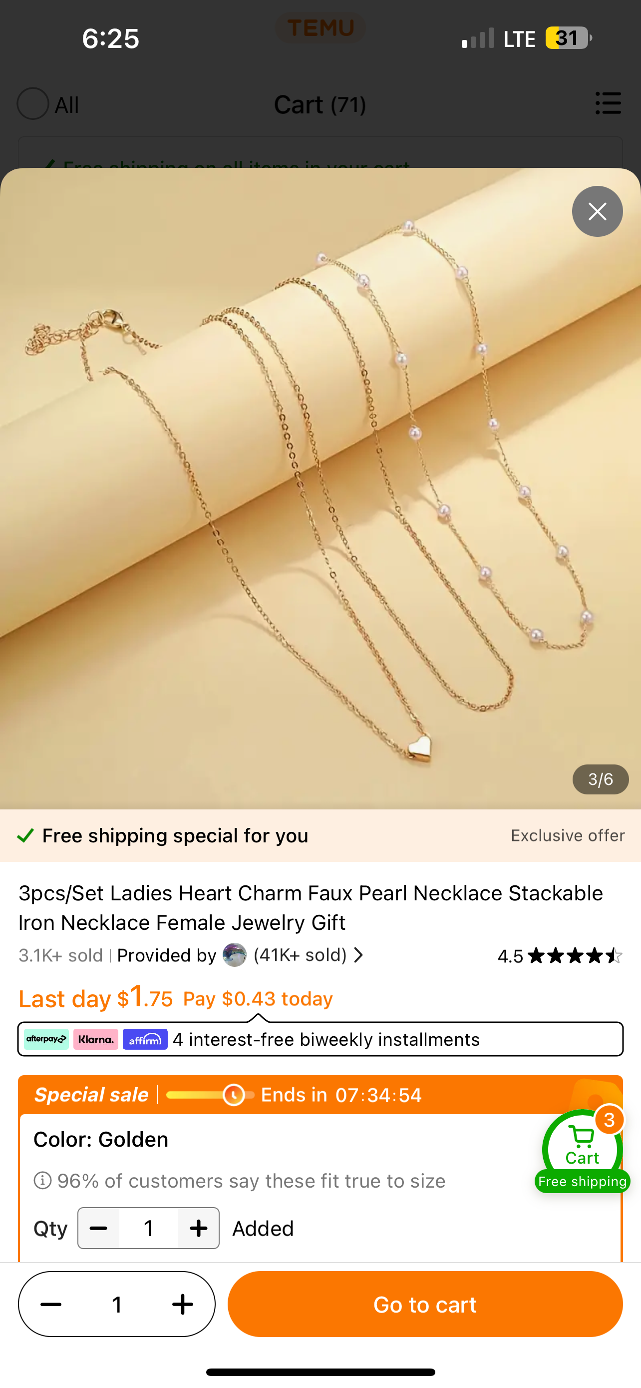 3pcs/Set Ladies Heart Charm Faux Pearl Necklace Stackable Iron Necklace Female Jewelry Gift