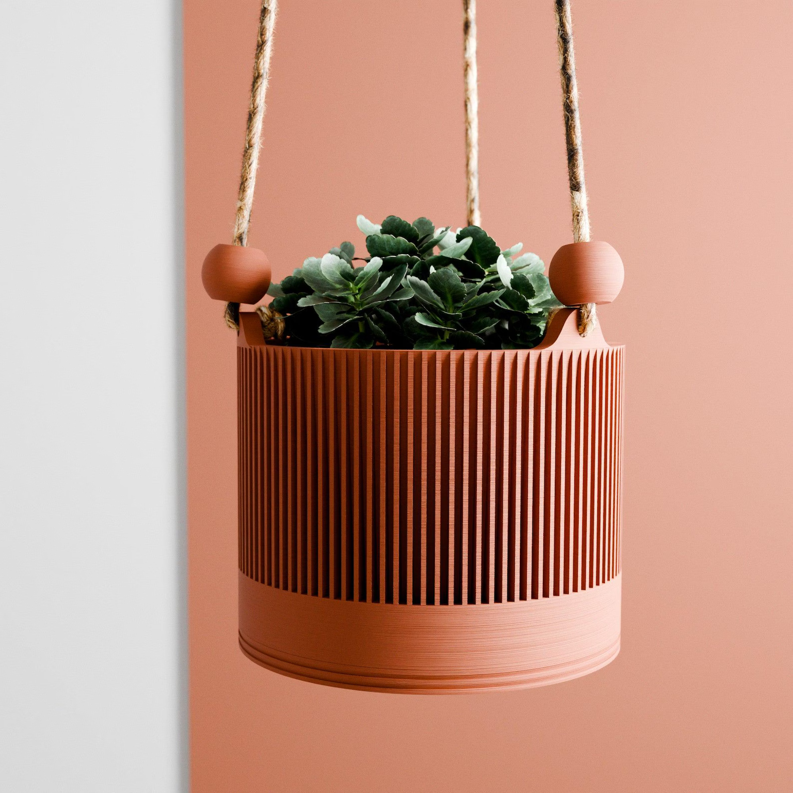 Hanging SAKURA Rope Planter, Ribbed Design With Drainage and Drip Tray, Medium, Terracotta pot