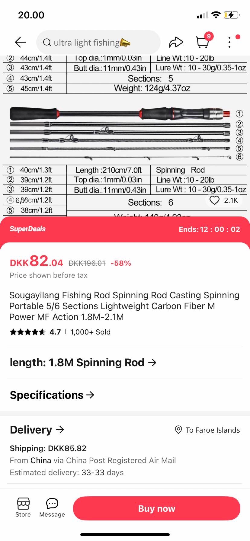 Sougayilang Fishing Rod Spinning Rod Casting Spinning Portable 5/6 Sections Lightweight Carbon Fiber M Power MF Action 1.8M-2.1M