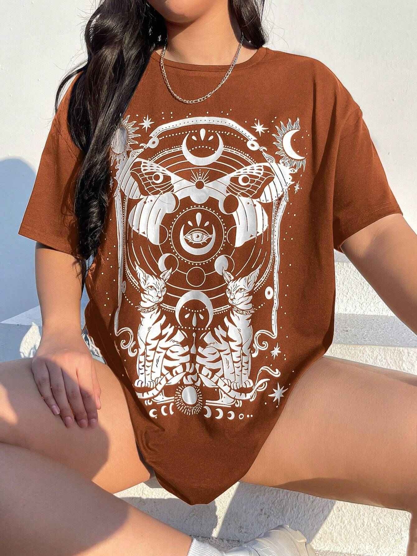 Moon & Butterfly Print Drop Shoulder Tee