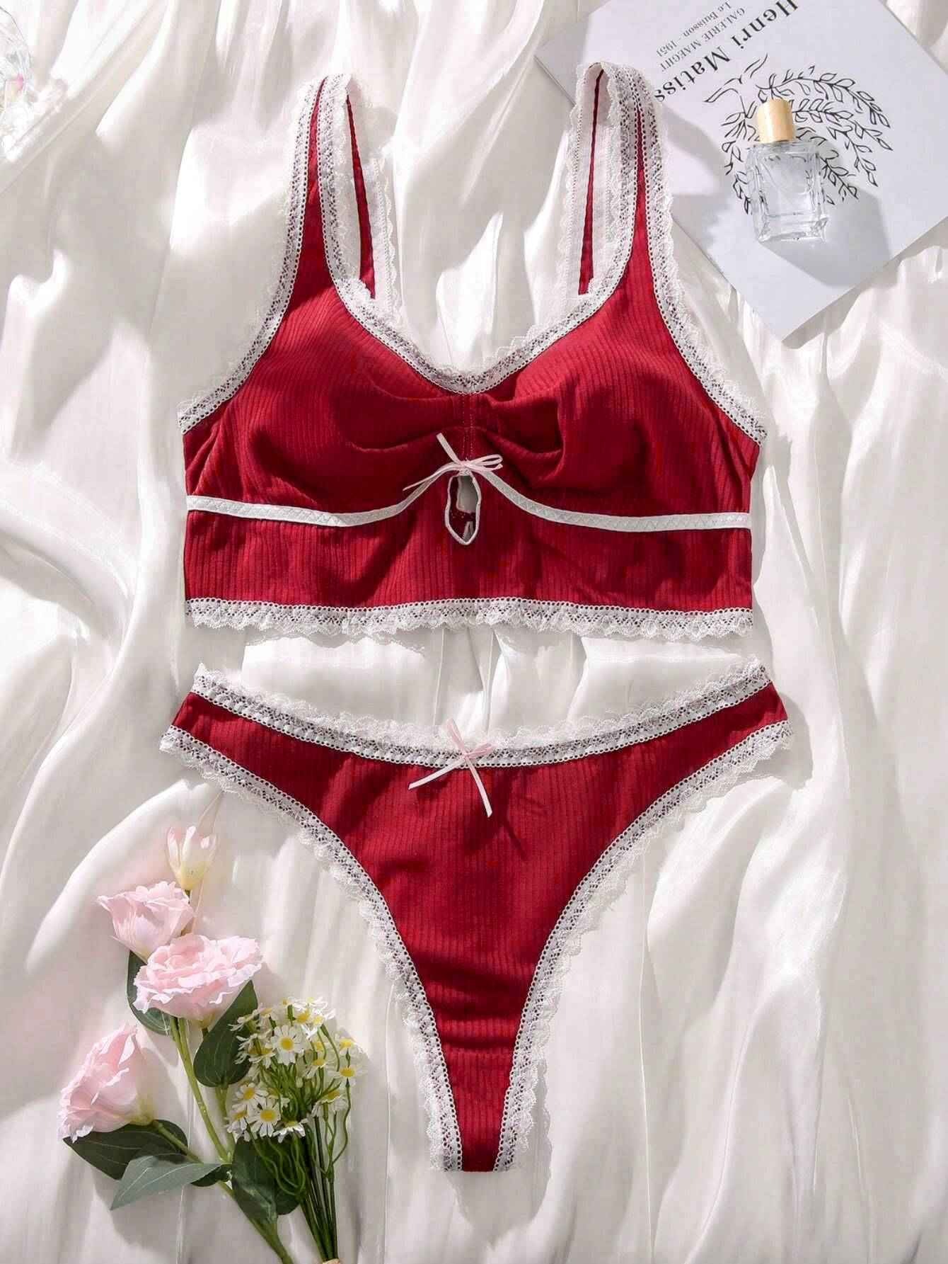 Contrast Lace Bow Front Lingerie Set