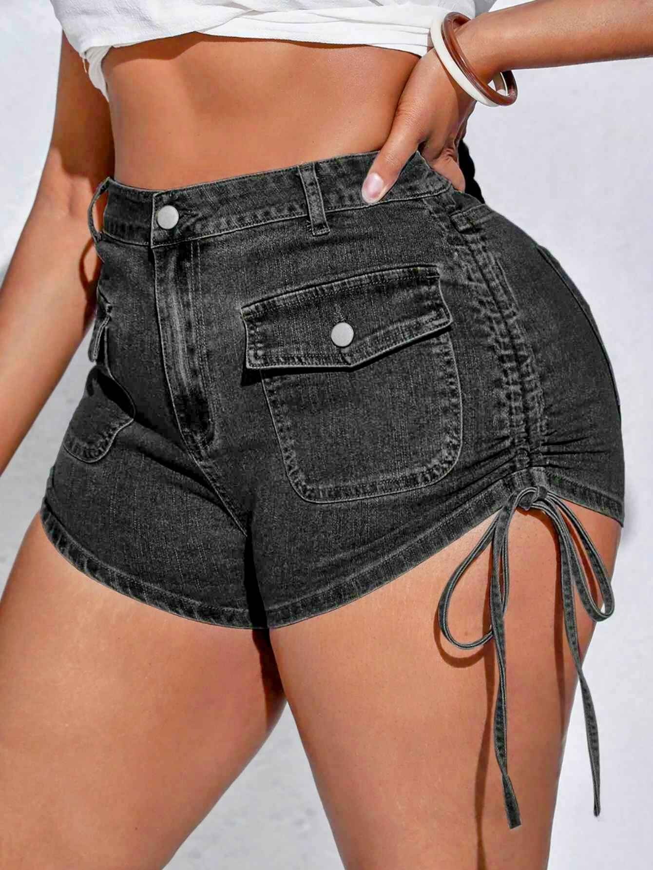 Flap Pocket Drawstring Side Denim Shorts