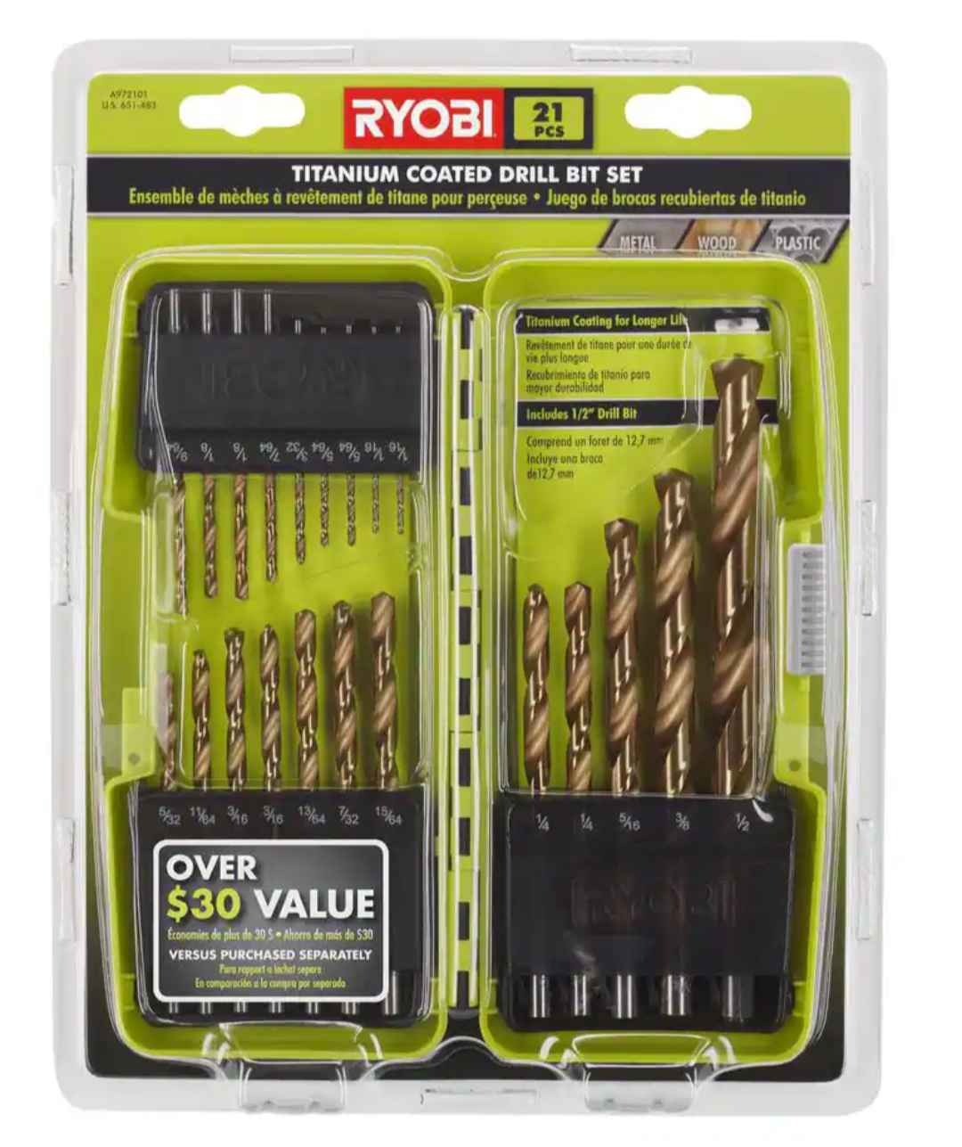 Titanium Coated Drill Bit Set (21-Piece)