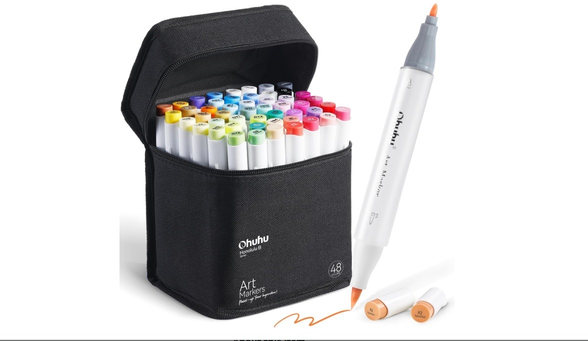 Ohuhu 48 Colours Alcohol Brush Markers, Double Tipped (Brush & Fine Tip)