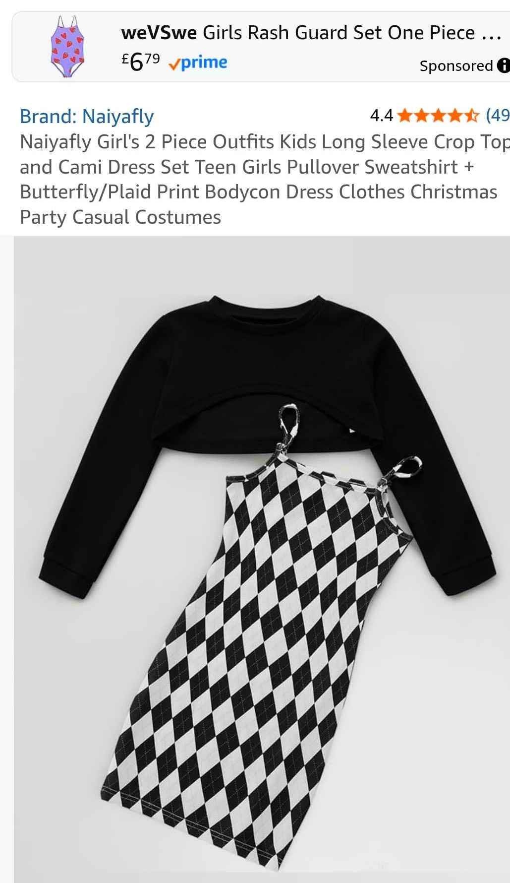 Naiyafly Girl's 2 Piece Outfits Kids Long Sleeve Crop Top and Cami Dress Set Teen Girls Pullover Sweatshirt + Butterfly/Plaid Print Bodycon Dress Clothes Christmas Party Casual Costumes