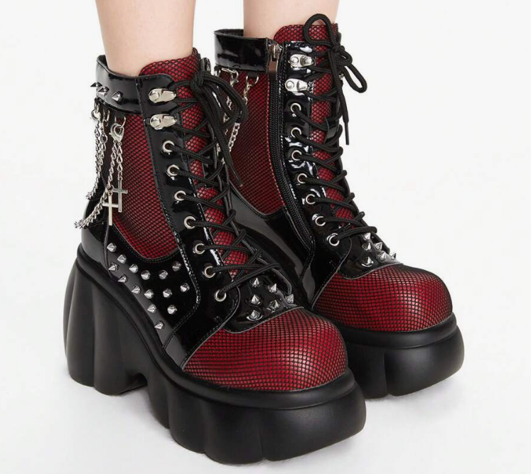 ROMWE Grunge Punk Gothic Punk Chain Spiked Platform Short Boots For Halloween Fall For Christmas And New Year Holiday Valentines
