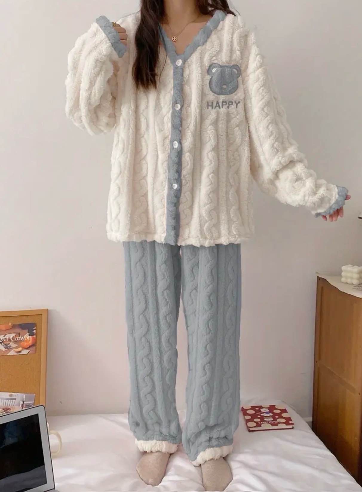 Tjejens mysiga vinterplyschpajamaset med björntryck - * rosa och vit flanellsovsäck, långärmade pyjamas med * *, * för avslappnad hemmabruk, björnpyjamas, vintersova, plyschflanelltyg