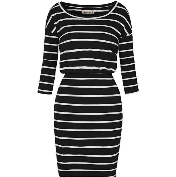 Moyabo Women Pullover Stripe Pocket 3/4 Long Sleeve Round Neck Causal Sweatshirt Bodycon Office Dress Black Small: Clothing