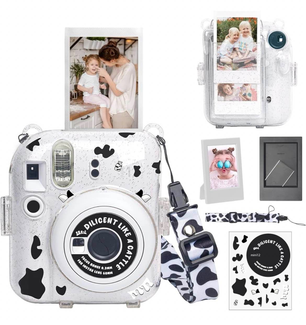 WOGOZAN Clear Case for Fujifilm Instax Mini 12 Instant Film Camera with Upgraded Photo Pocket Holds 10 Films on Back and Adjustable Strap - Glitter Clear(No Camera)