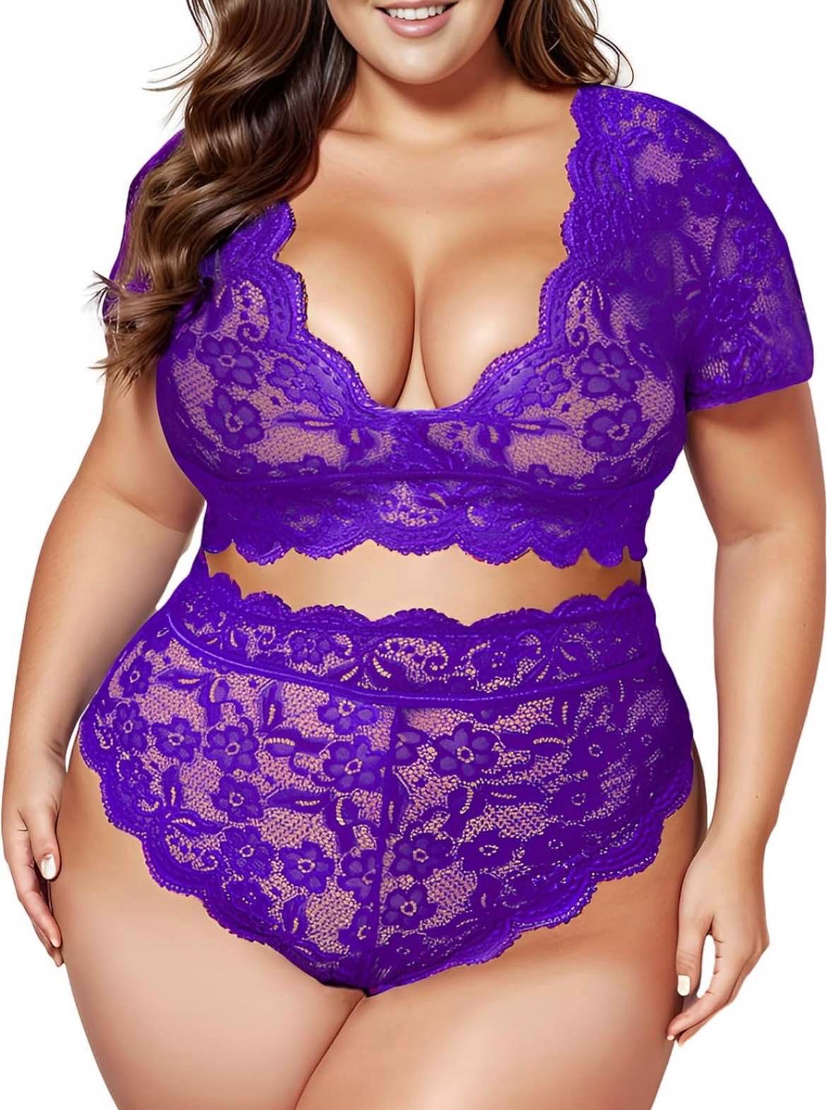 JuicyRose Plus Size 2 Piece Lingerie Set for Women Sexy Deep V Allover Lace Bra and Panty High Waist Nightwear Clubwear