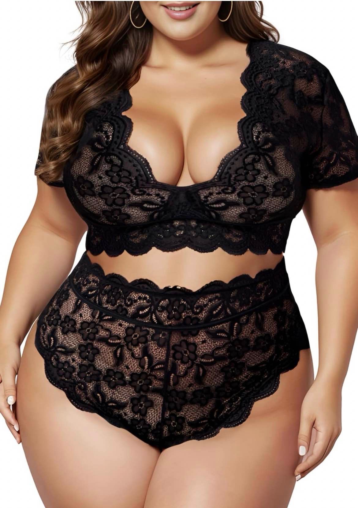 JuicyRose Plus Size 2 Piece Lingerie Set for Women Sexy Deep V Allover Lace Bra and Panty High Waist Nightwear Clubwear