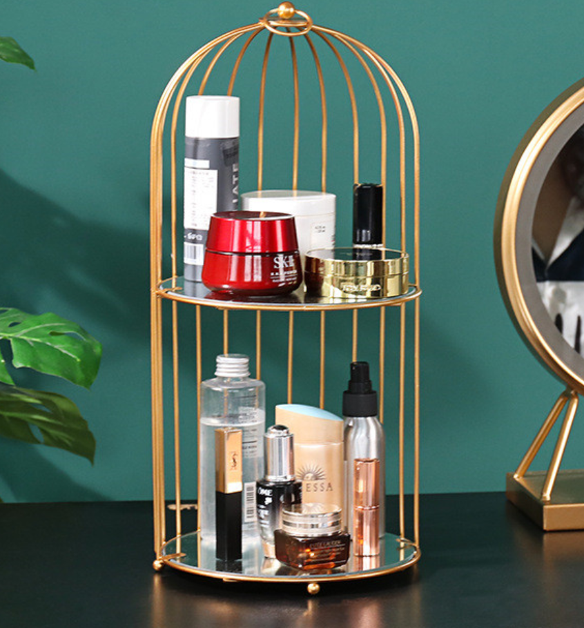 Estilo nórdico ferro arte ouro pássaro gaiola rack de armazenamento de maquiagem titular de armazenamento de grande capacidade batom perfume prateleira cosméticos organizador