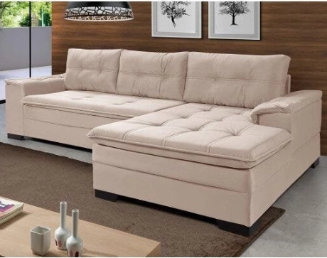 Sofá 3 Lugares com Chaise Suede Aveludado Areia