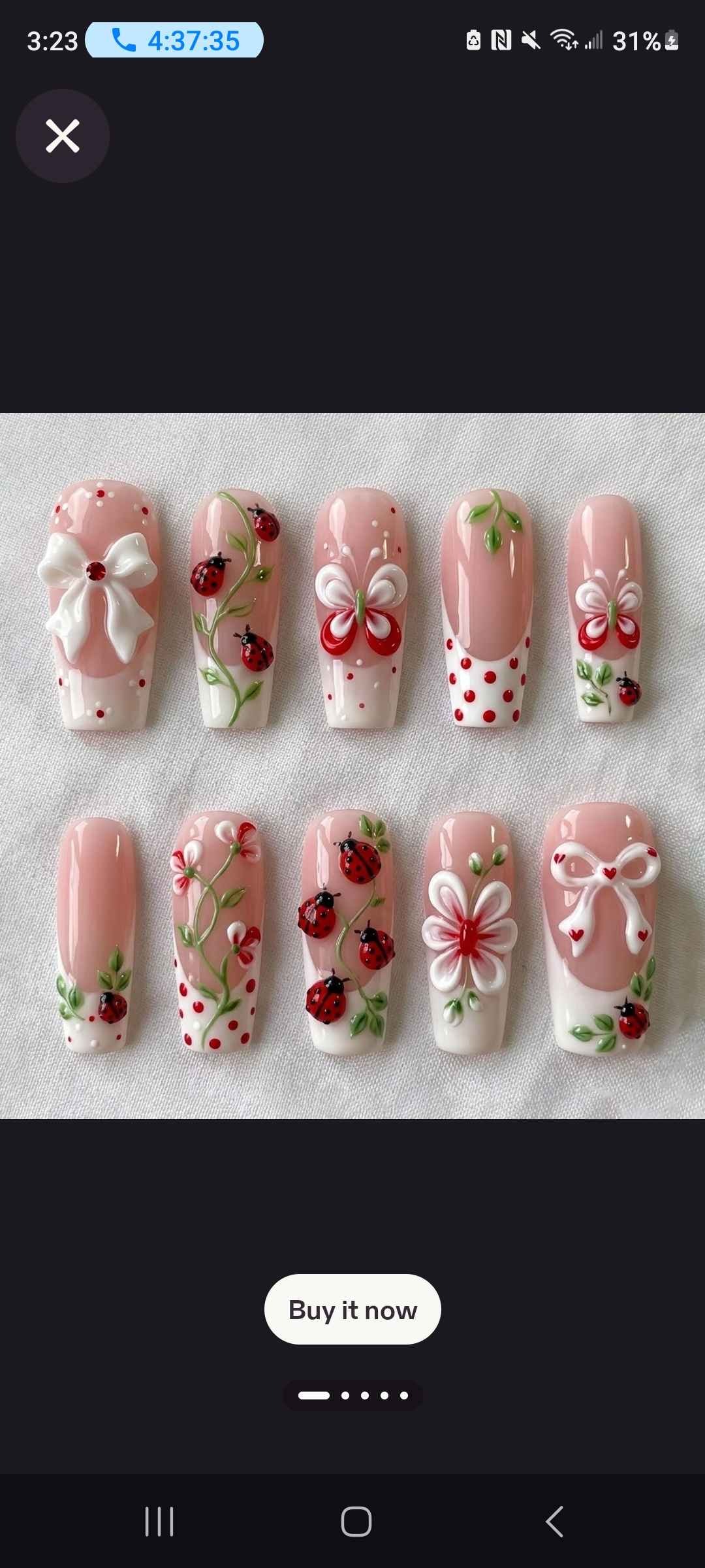 Handmade Kawaii Floral Press On Nails | 3D Ladybug & Bow Garden Art | Soft Pink Romantic Almond Nail Set