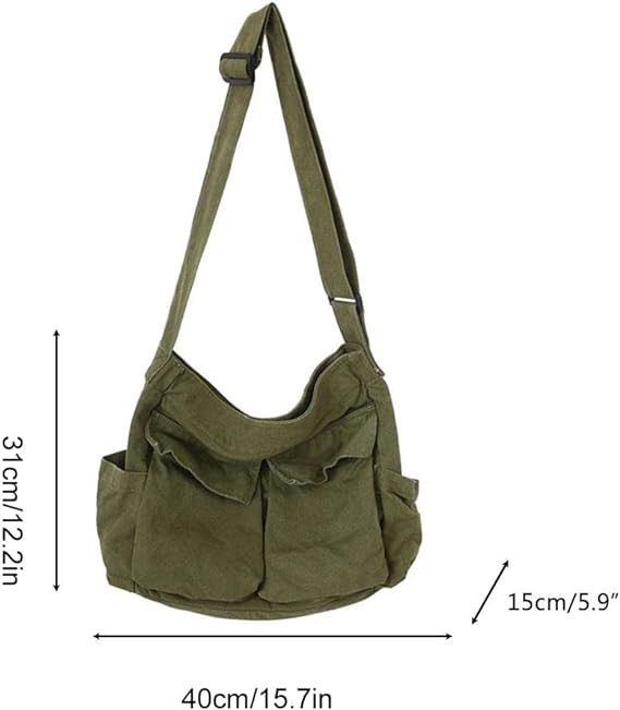 Canvas Messenger Bag Hobo Crossbody-väska med Stor Kapacitet med Flera Fickor Canvas Axelväska för Kvinnor Män