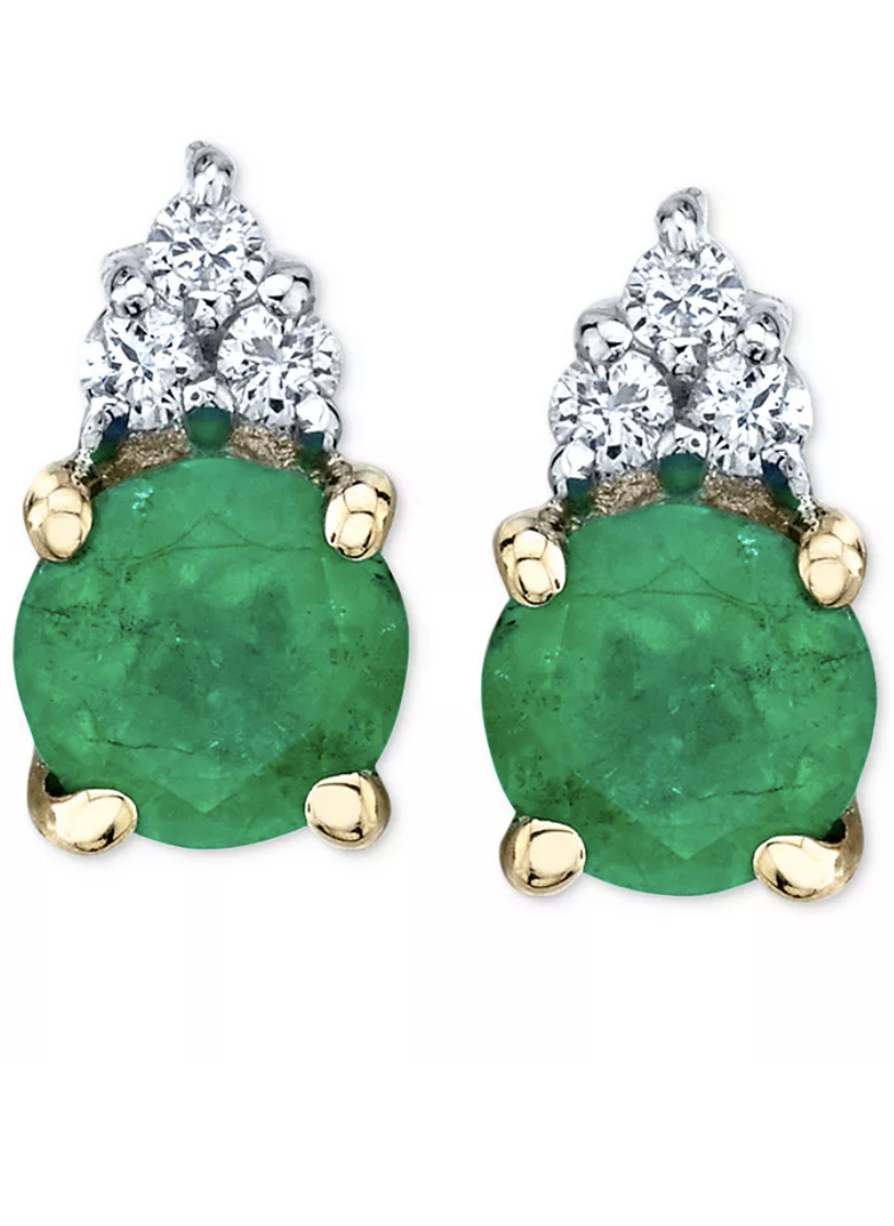 Macy's Emerald (5/8 ct. t.w.) & Diamond (1/20 ct. t.w.) Stud Earrings in 14k Gold