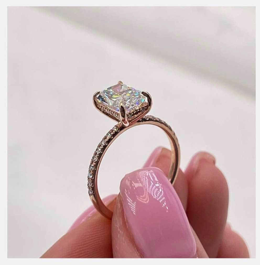 14K Rose Gold Lab Grown Diamond 2.1 TCW (2ct Center, VS1 Clarity, F Color) Engagement Ring IGI Certified RADIANT Cut Hidden Halo Ring Size 4-11 Anniversary Promise Proposal Jewelry For Her Rare Gift