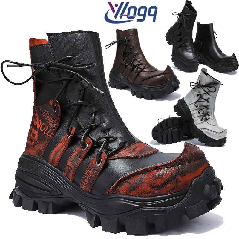Genuine Leather Motorcycle Boots Military Platform Boots Gothic Skull Punk Boots Fashion Mid-calf Western Cowboy Boots