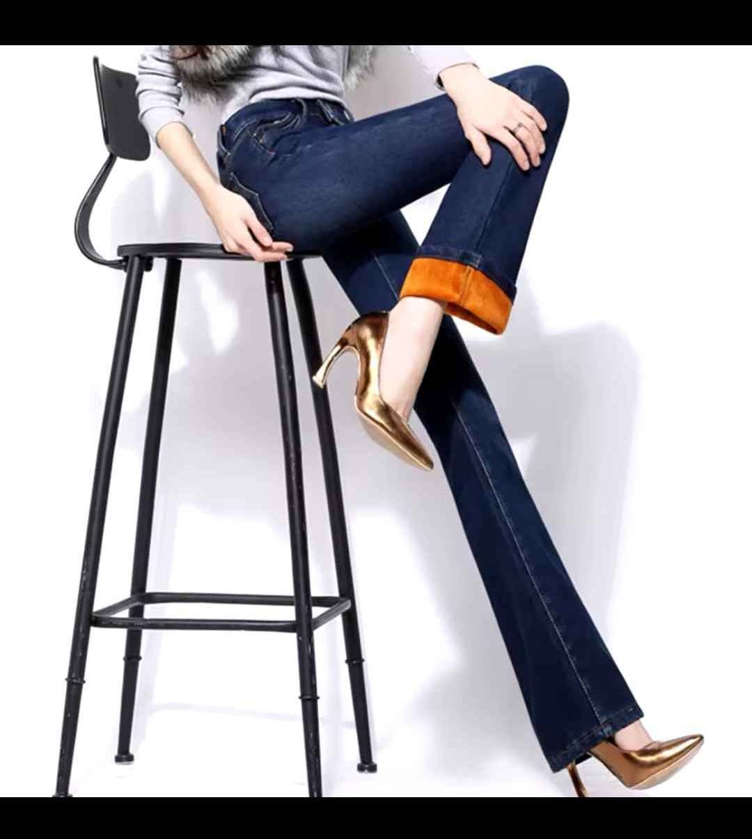 High Waist Flare Jeans Women Plush Thicken Elastic Slimming Stretch Winter Warm Denim Jeans Hot Lining Velvet