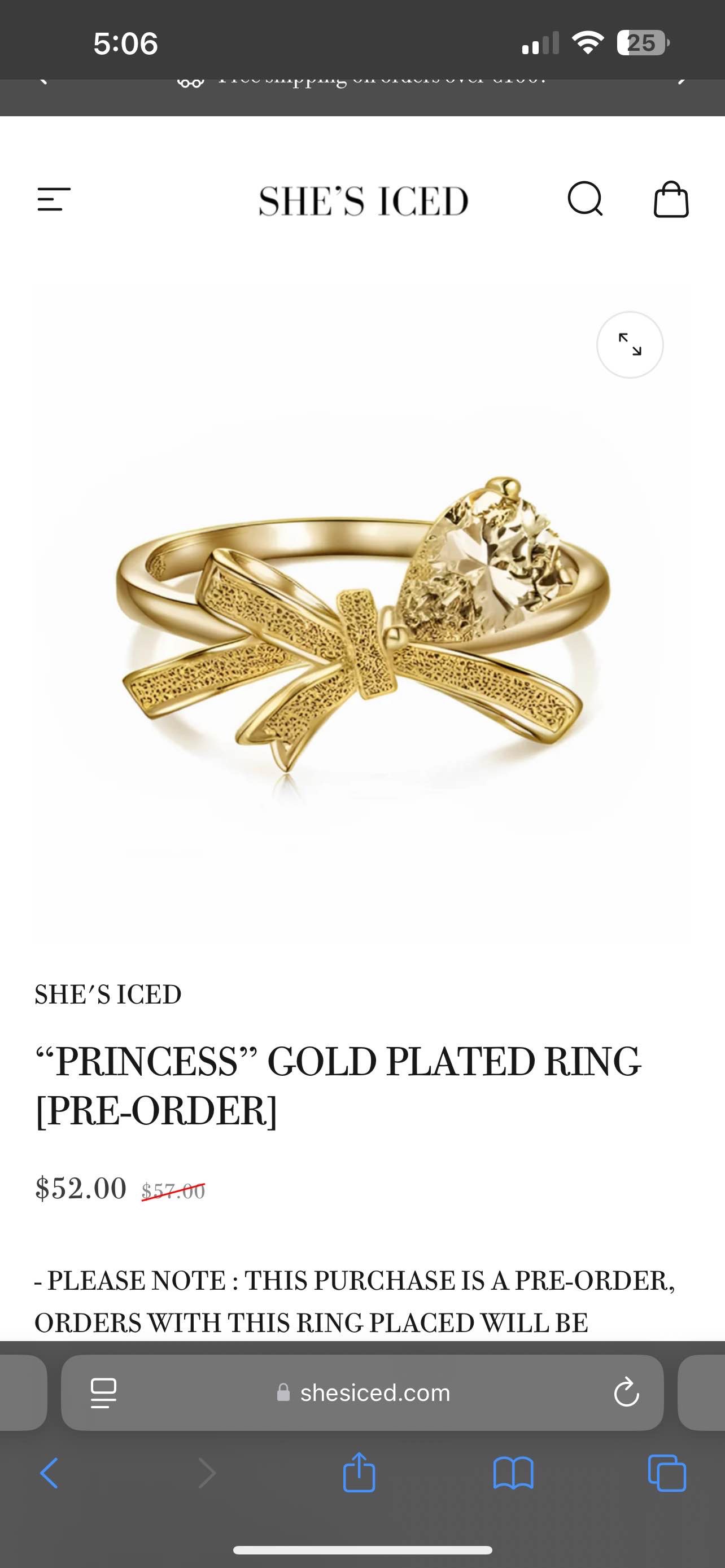 Princess gold plated ring