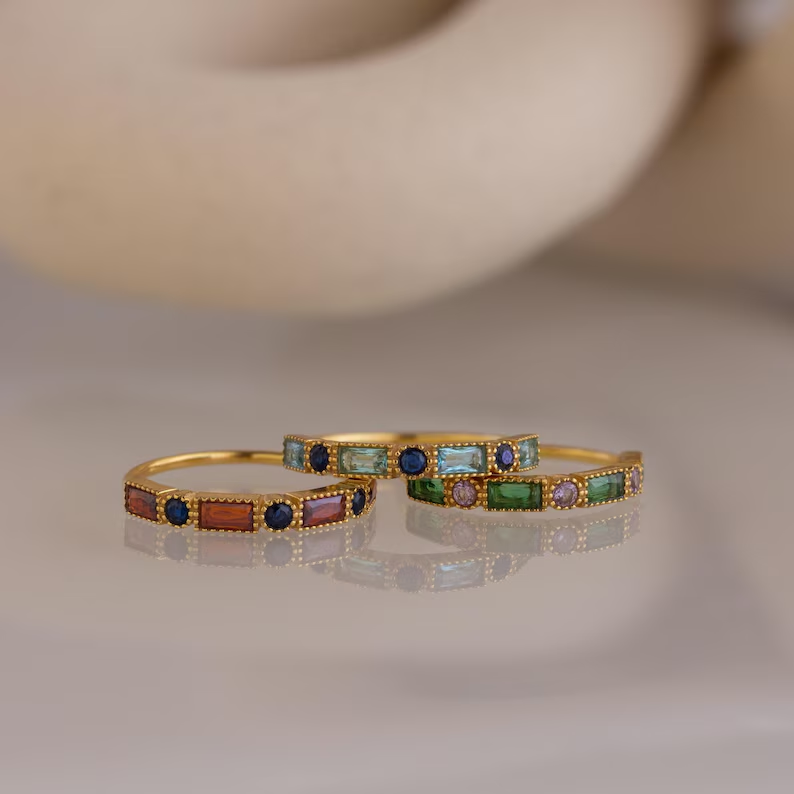 Round Baguette Birthstone Ring Caitlyn Minimalist • Vintage Gemstone Stacking Ring • Art Deco Jewelry • Girlfriend Gifts • RM177