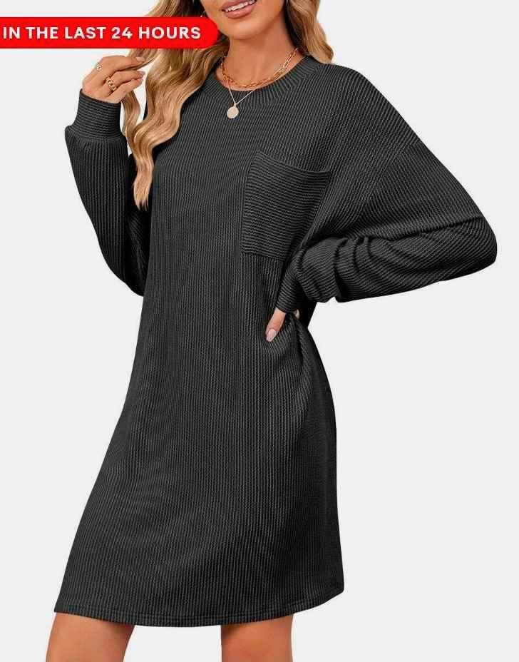 Womens Long Sleeve Pocket Casual Loose T-Shirt Dresses Solid Swing Tunic Dress