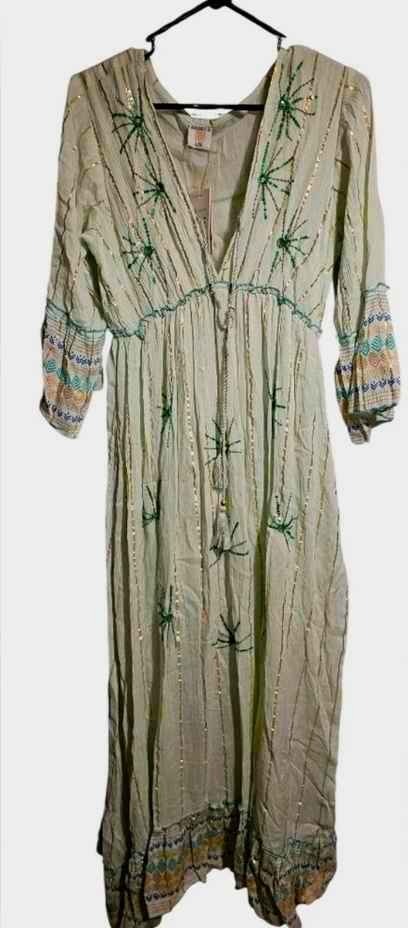 Ananta NWT Designer Dress Green Pleated Maxi Sundress with Bishop Sleeves L/XL