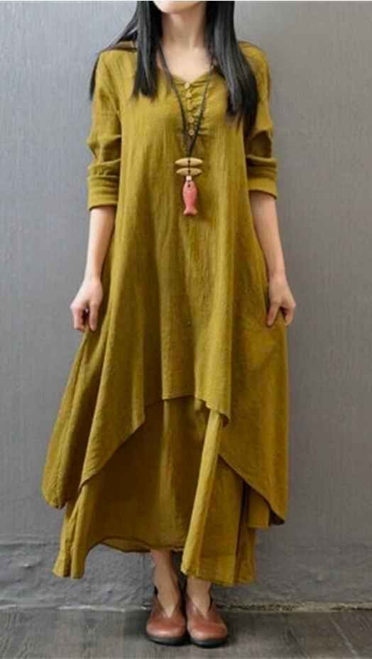 Maxi Dress Dress Cotton Linen Womens Kaftan Boho Casual Tunic Long Sleeve