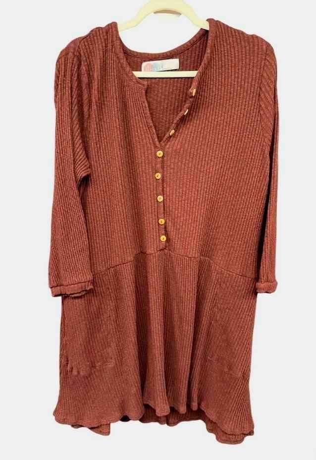 Free People Beach Brown Dress Large Distressed Oversized Flowy Cozy Fall Boho