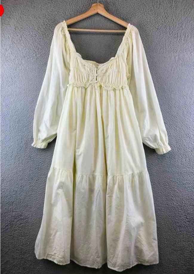 Kimchi Blue White Long Sleeve Midi Dress Ruffle Trim Smocked Bodice Womens L