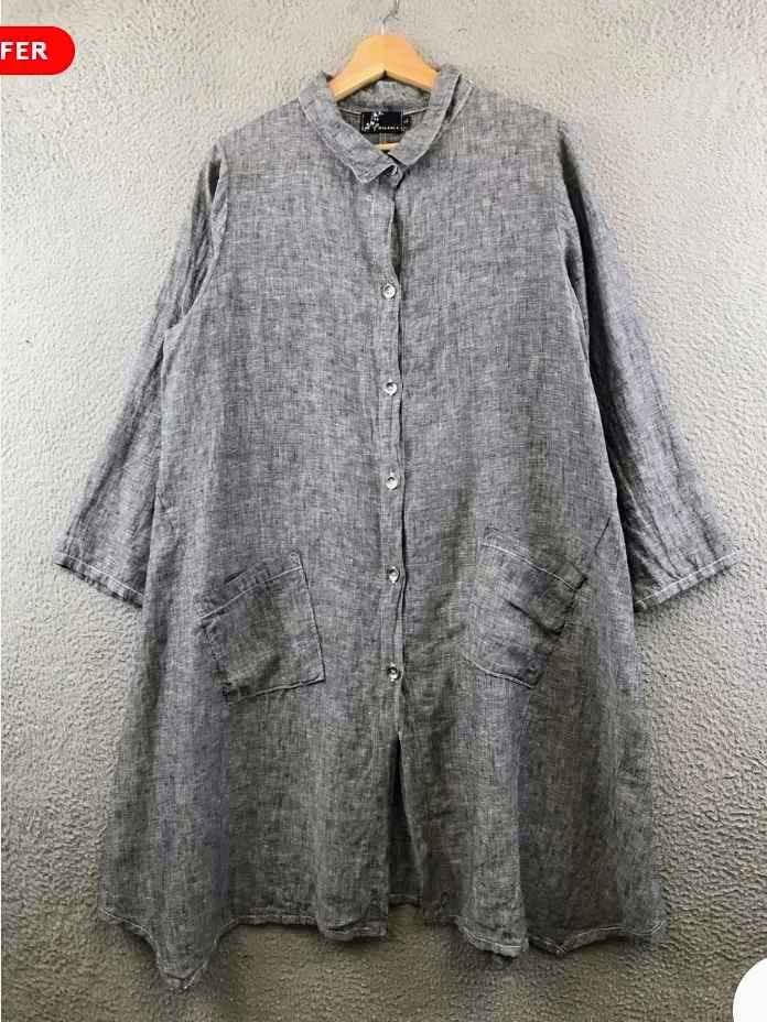 Fenini Dress Womens Large Gray Button Front 100% Linen Long Sleeve Pockets USA