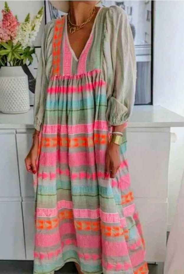 Women’s Bohemian Maxi Dress Multicolor Geometric Print Size L