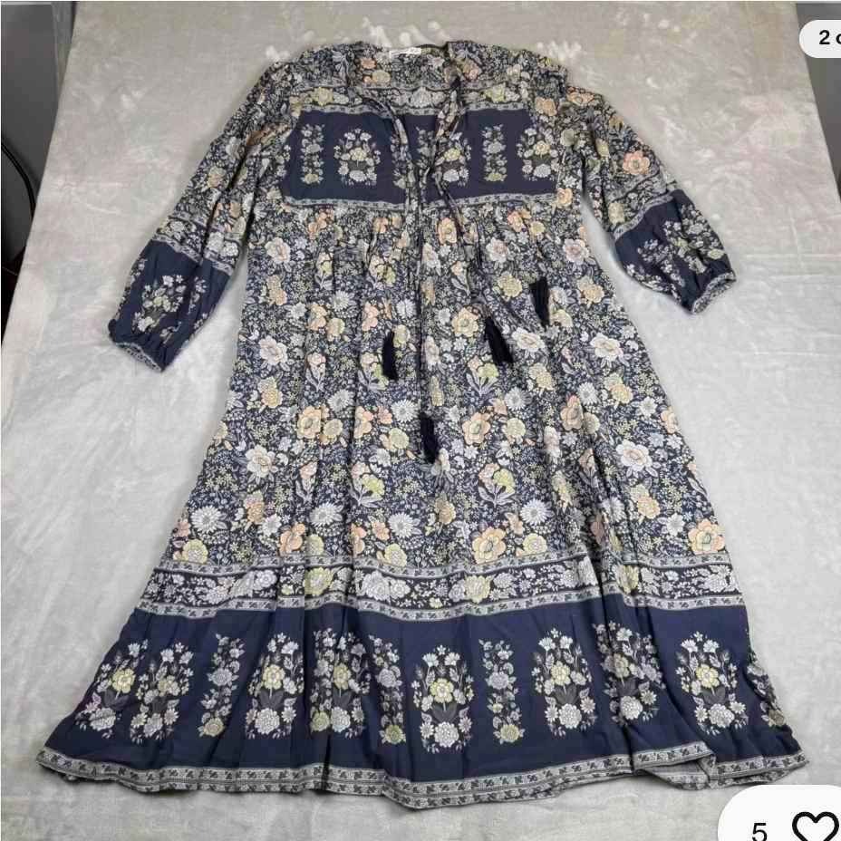 R. Vivimos Floral Print Maxi Dress Womens Navy L LS Bohemian Double Tassel