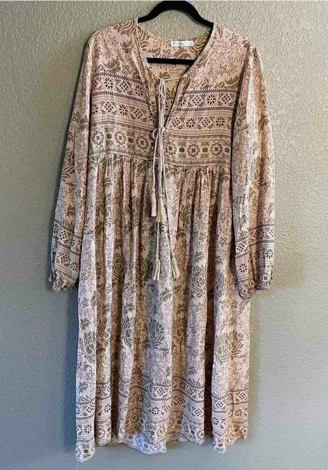 R.Vivimos Dress Womens Large Beige Floral Tassel Long Sleeve Boho Peasant Maxi