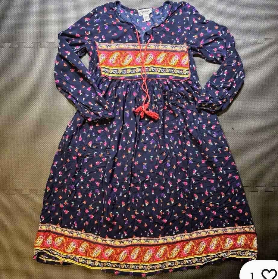 EXPRESSIONS Boho Long Maxi Dress Size Large Blue Floral Print Red Paisley Tassel