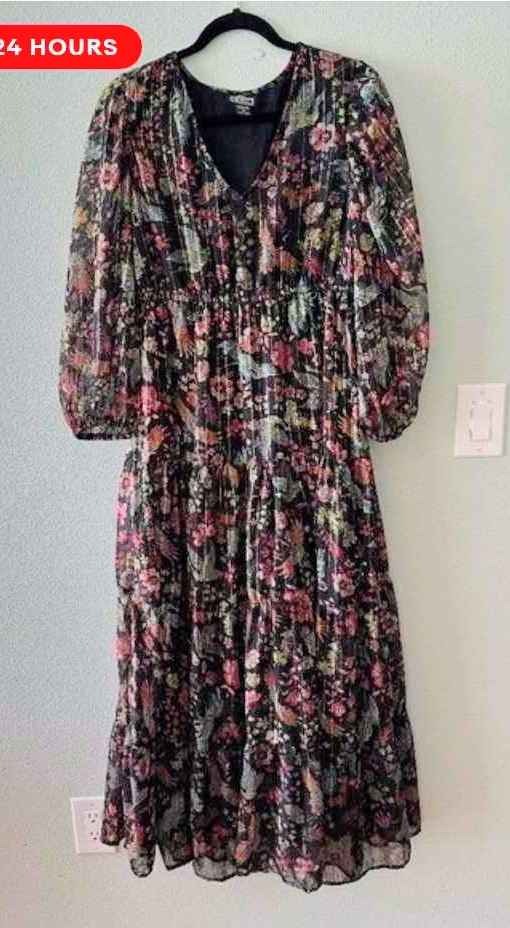 Angie Black Floral Gold Maxi Dress Women's XL Tiered Boho Long Sleeve