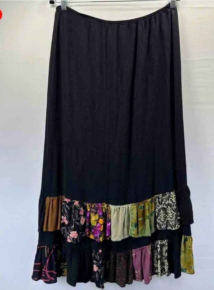 Whimsigoth Patchwork Midi Skirt Size Medium Stretch Black Dark Fairy Dark Grunge