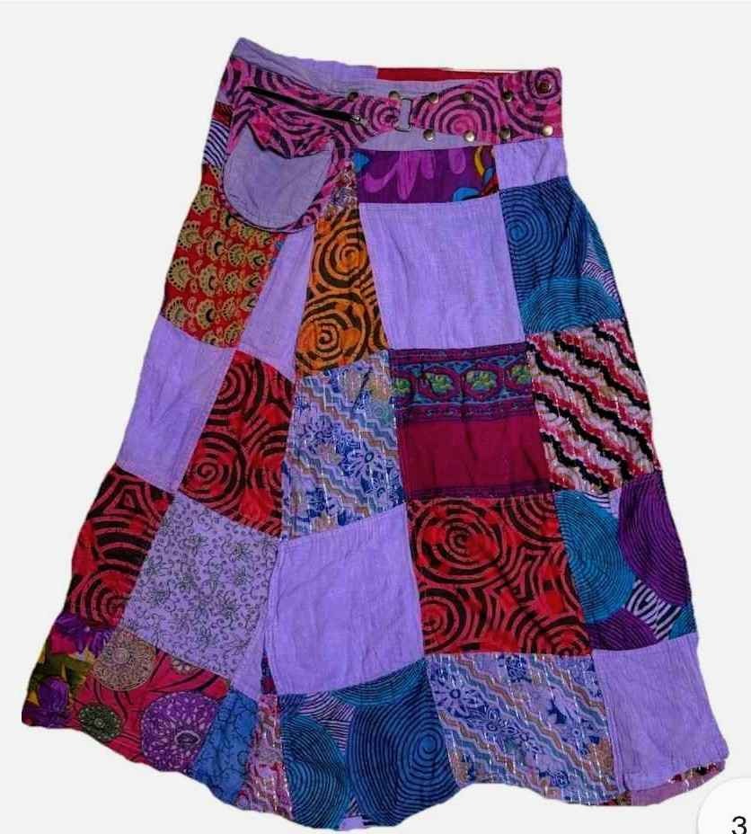 Jayli Skirt One Size Adjustable Snap Wrap Maxi Patch Work Hippie Gypsy Pouch Zip