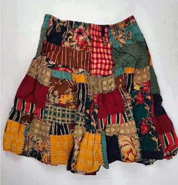 Large Whimsigoth Rayon Hippie Skirt 90s Tiered Ruffle Boho Brown Knee Length