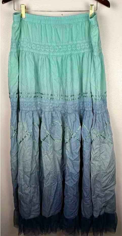 PARALLEL Women’s Long Boho Skirt Size XL Teal Ombré With Tule Fringe Hippie core